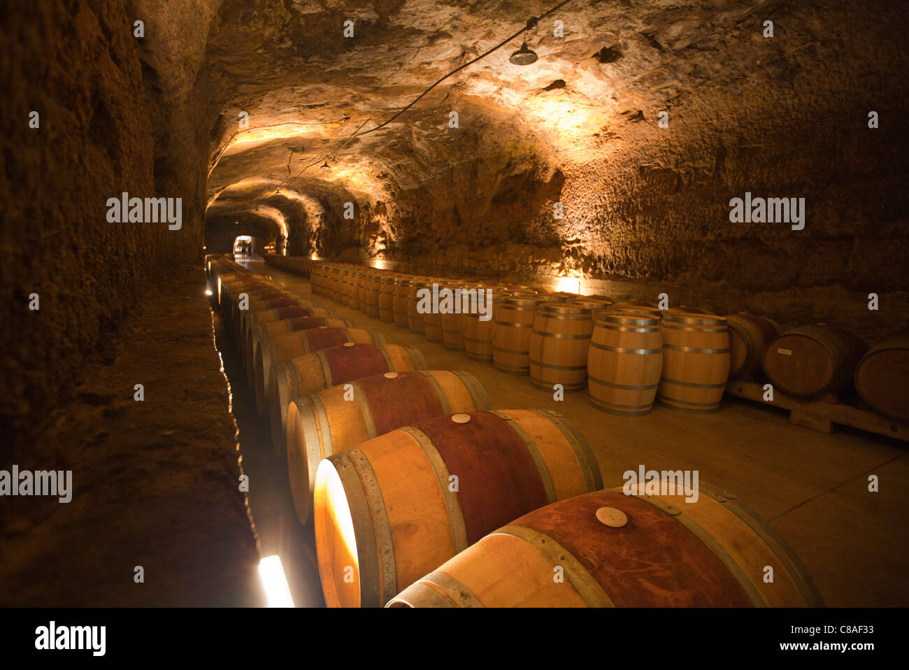Oak  Barriques of red wine in  cellars of Bodega Roda in Haro La Rioja Spain 110654 Spain Stock Photo