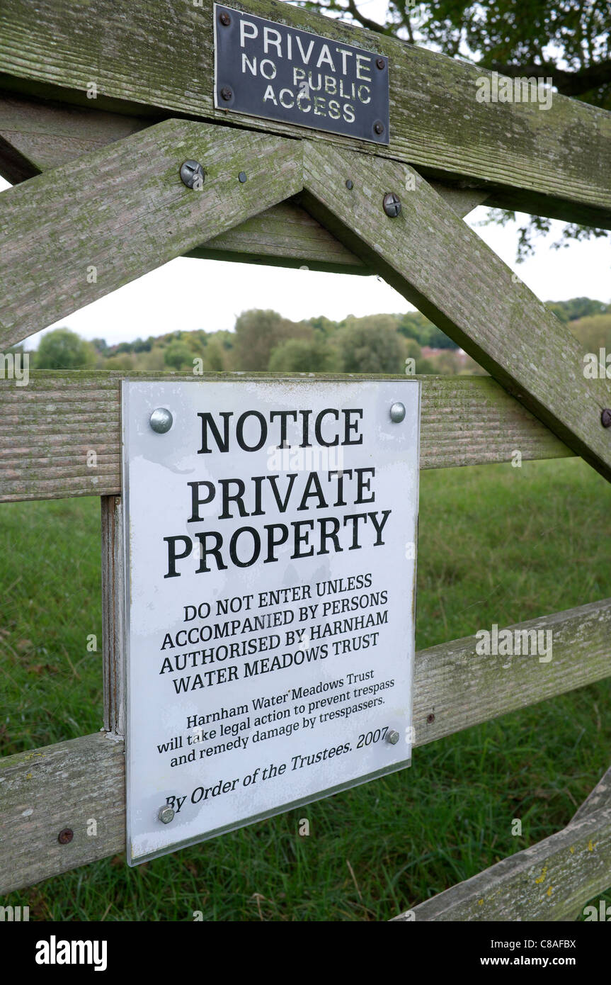 Private property notice on a five bar gate at entrance to Harnham Water