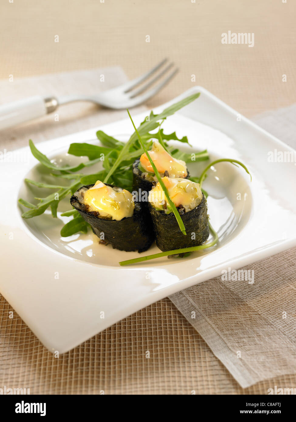 Mustard tartare and honey makis Stock Photo