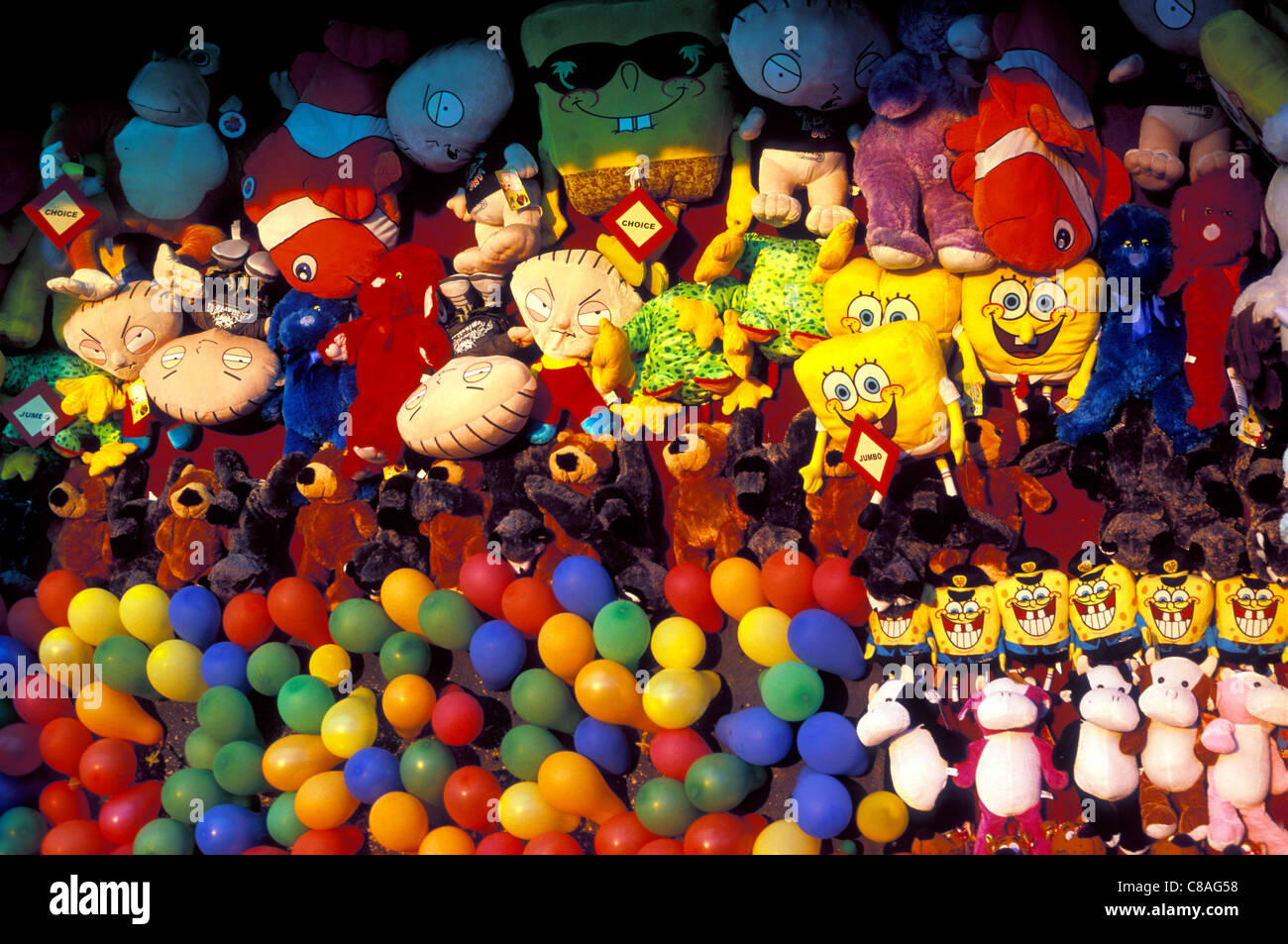 A wall full of prizes at a game at the Nebraska State Fair in Grand