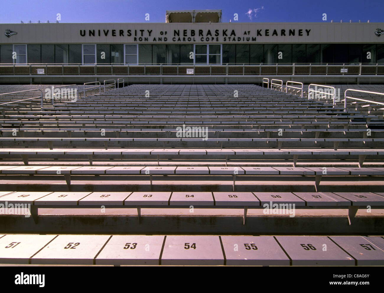 Bench seating at the Ron and Carol Cope Stadium in Kearney, Nebraska, USA. Stock Photo