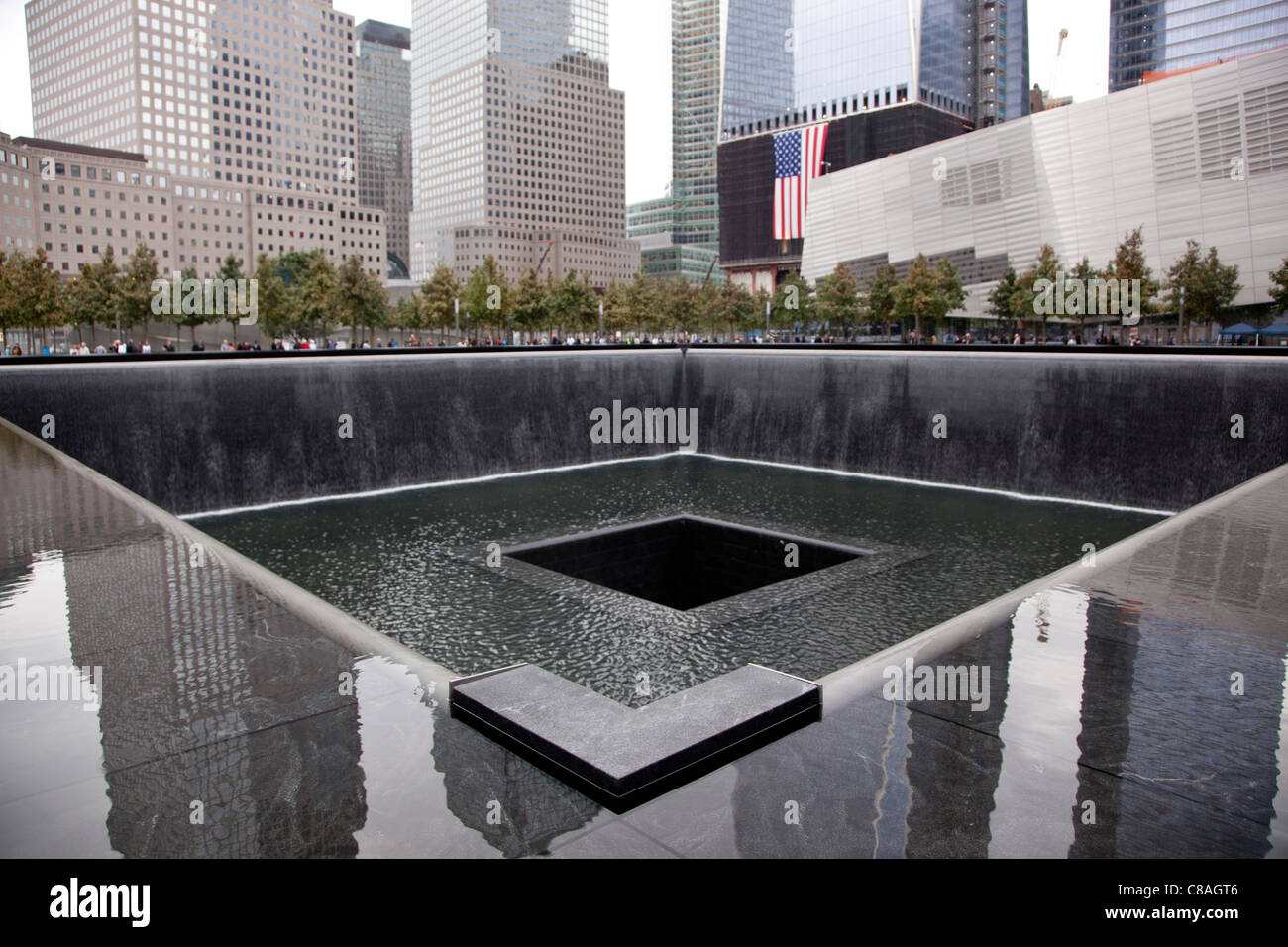Memorial pool at the 9/11 Memorial at the World Trade Center. Stock Photo