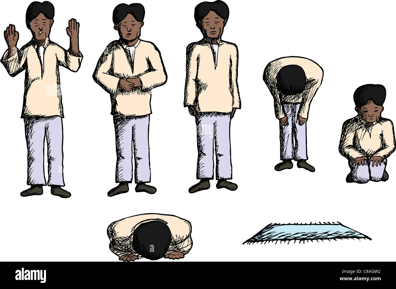 Man in different prayer positions with prayer mat Stock Photo