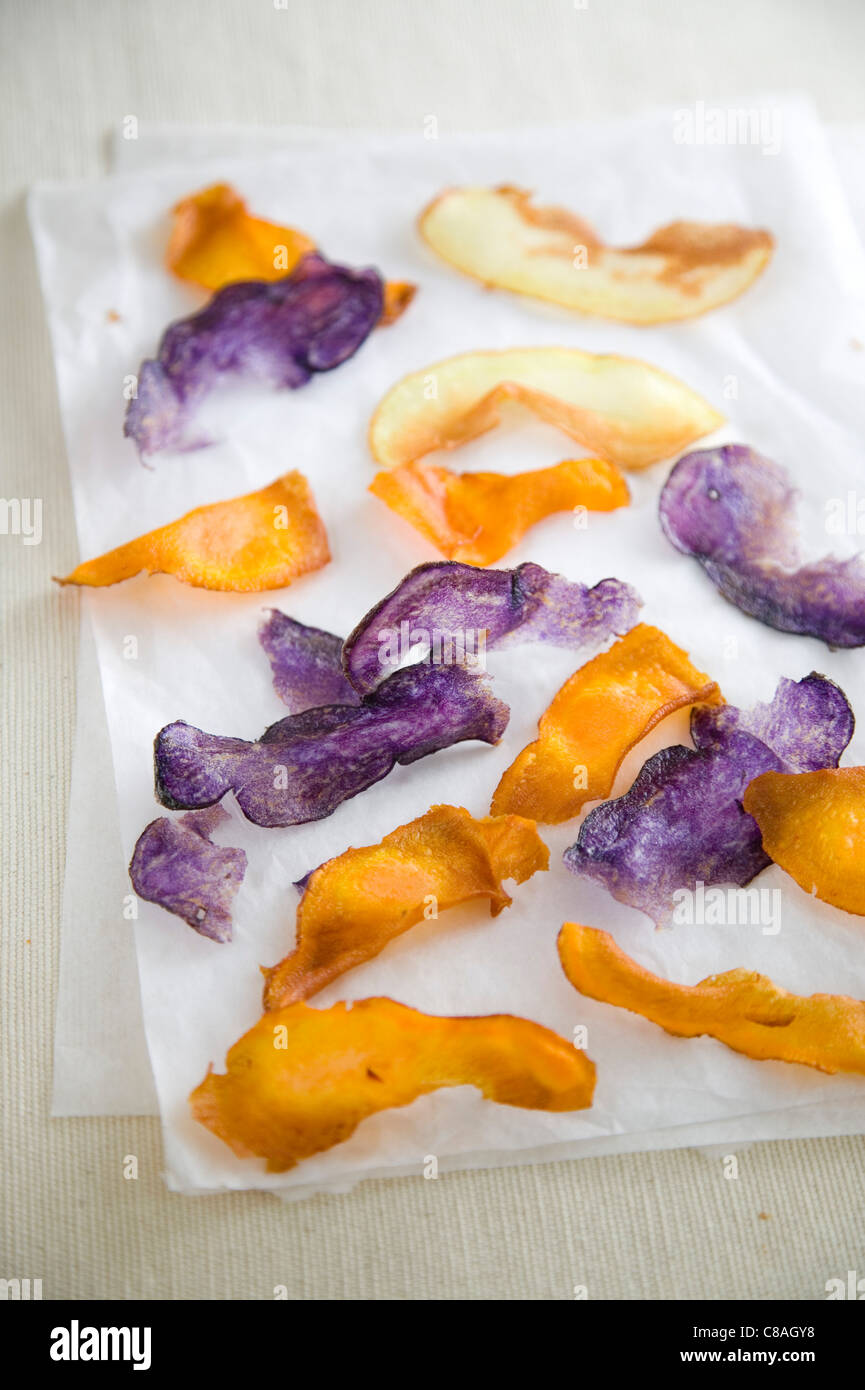 Sweet potato,Vitelotte potato and Monalisa potato crisps Stock Photo