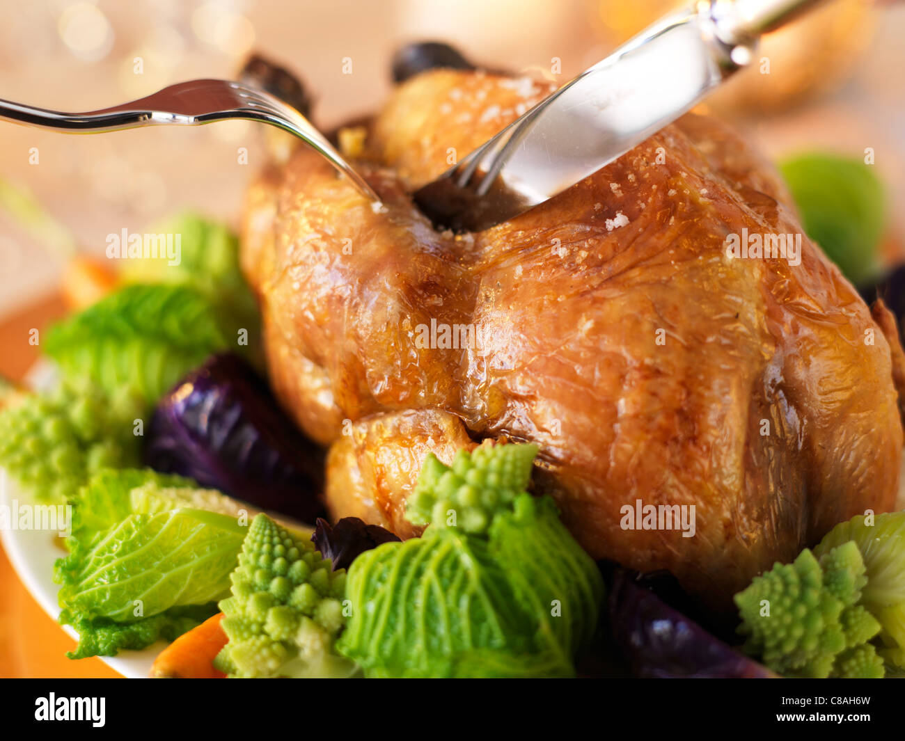 Guinea-fowl capon with cabbage Stock Photo