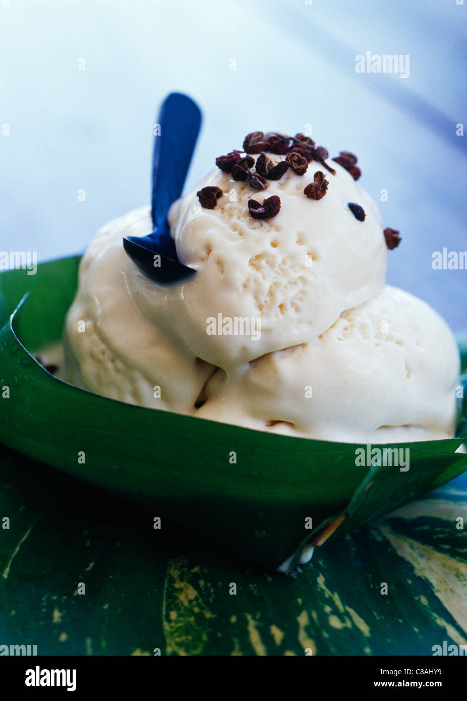 vanilla ice cream with sechuan pepper served in a banana leaf Stock Photo