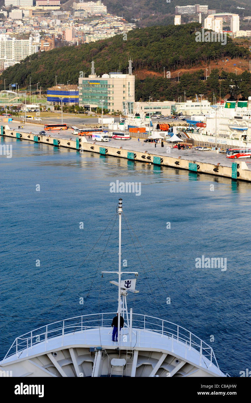 A Royal Caribbean cruise ship entering Busan, South Korea. Stock Photo