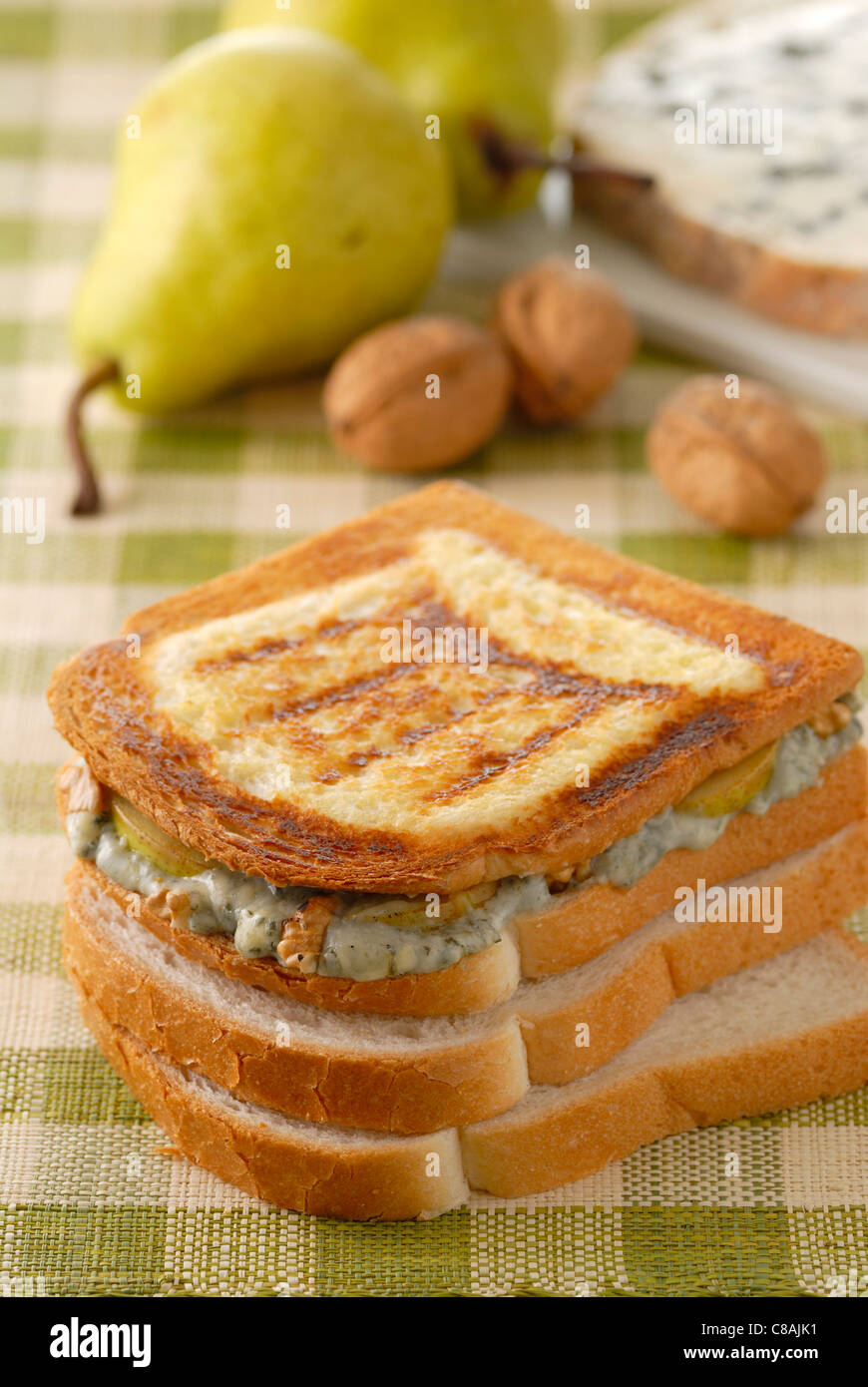 Fourme d'Ambert,pear and walnut toasted sandwich Stock Photo