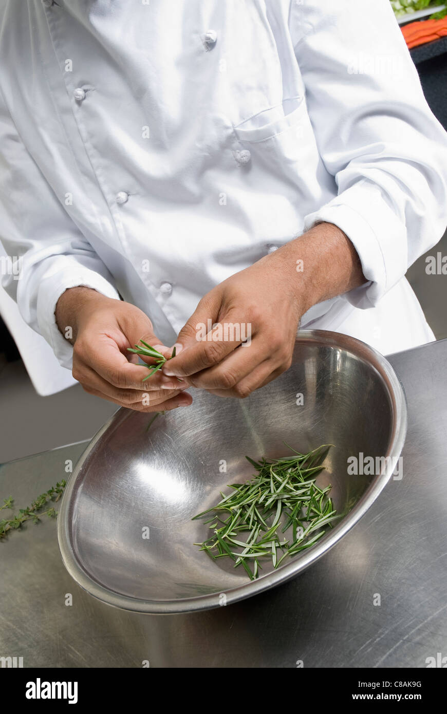 Removing the leaves from the rosemary Stock Photo