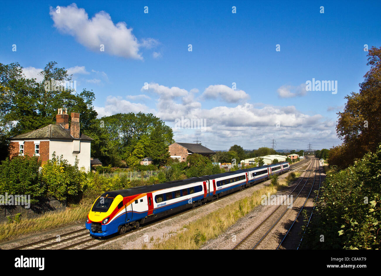 East Midlands Trains Meridian train passing Ratcliffe Upon Soar, Nottinghamshire. Stock Photo