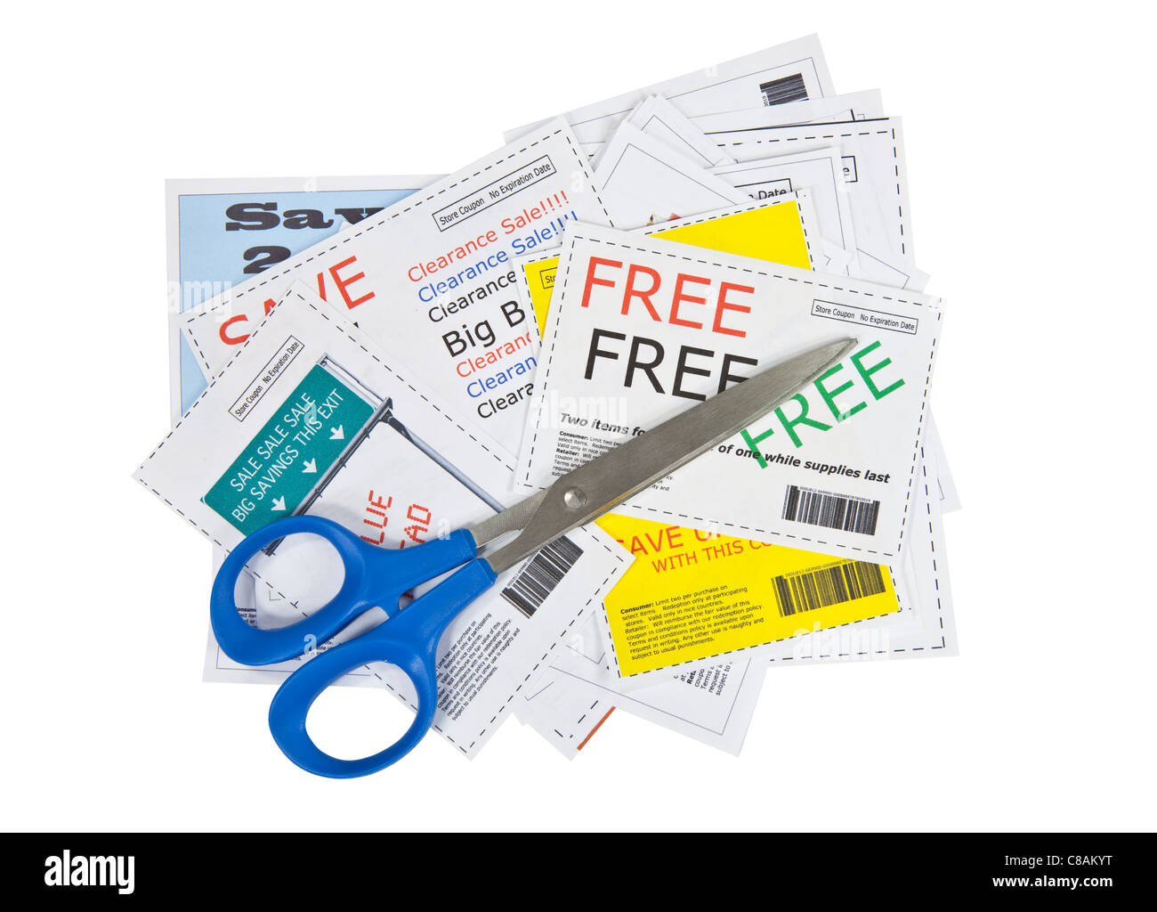 Completely fake store coupons with scissors. Stock Photo