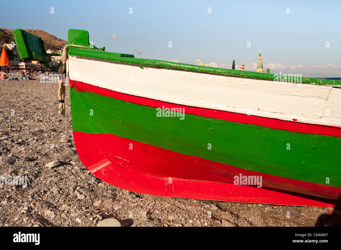 Colourful boat, Letojanni Beach, Letojanni, Sicily, Italy Stock Photo