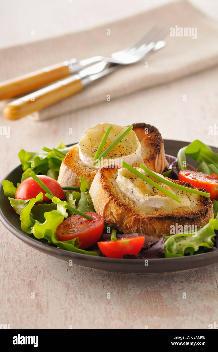 Goat's cheese on toast with salad Stock Photo