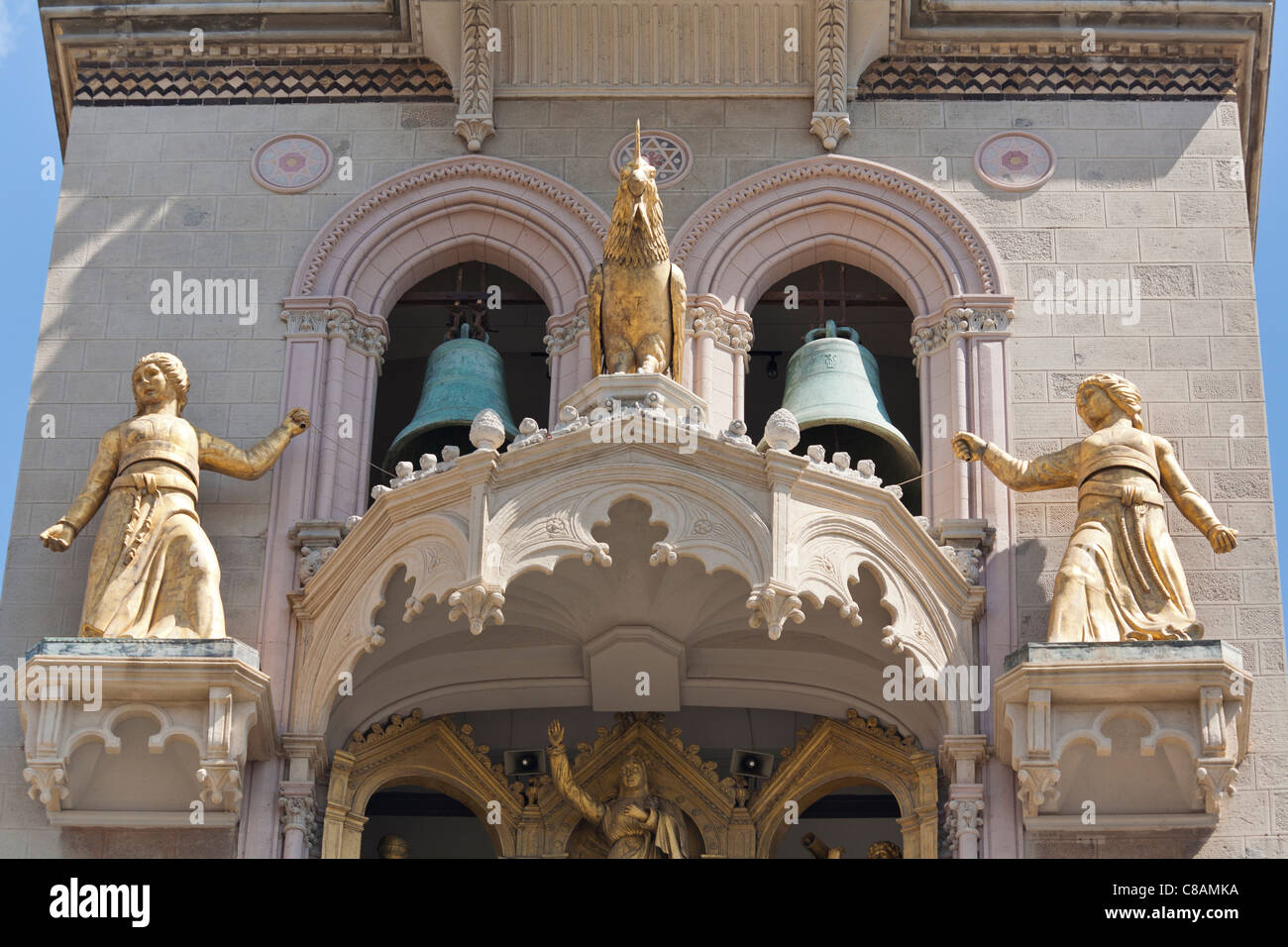 Golden statues and bells in bell tower, Messina Cathedral, Piazza Del