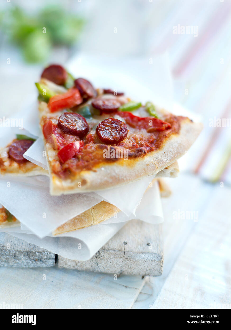 Pepperoni and green pepper pizza Stock Photo