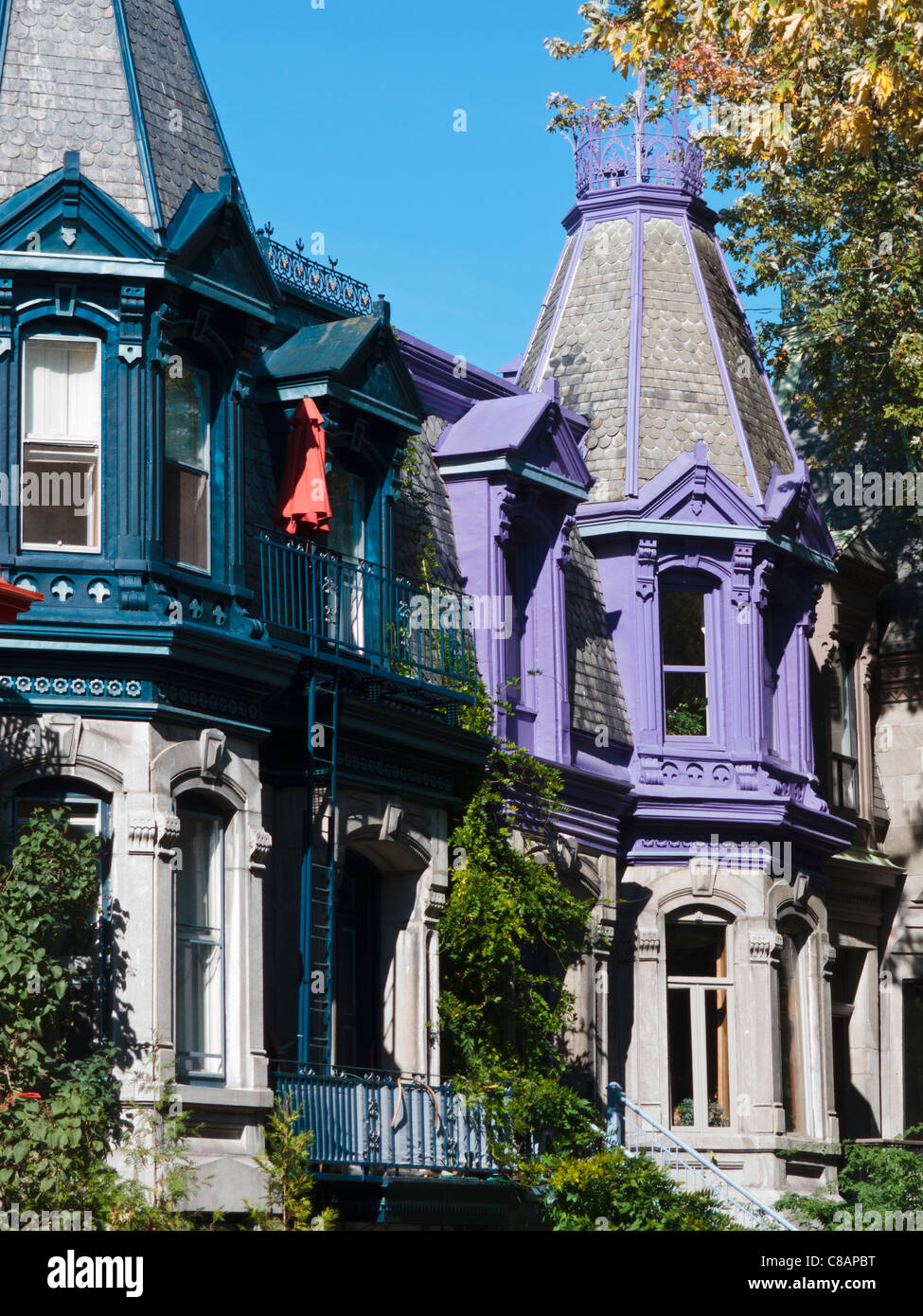 Colourful Victorian homes at Saint Louis Square, Montreal Stock Photo