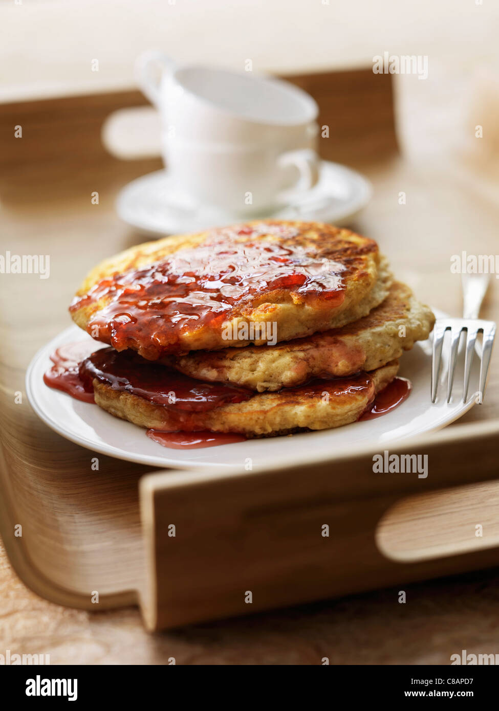 Oat flake pancakes with maple syrup Stock Photo
