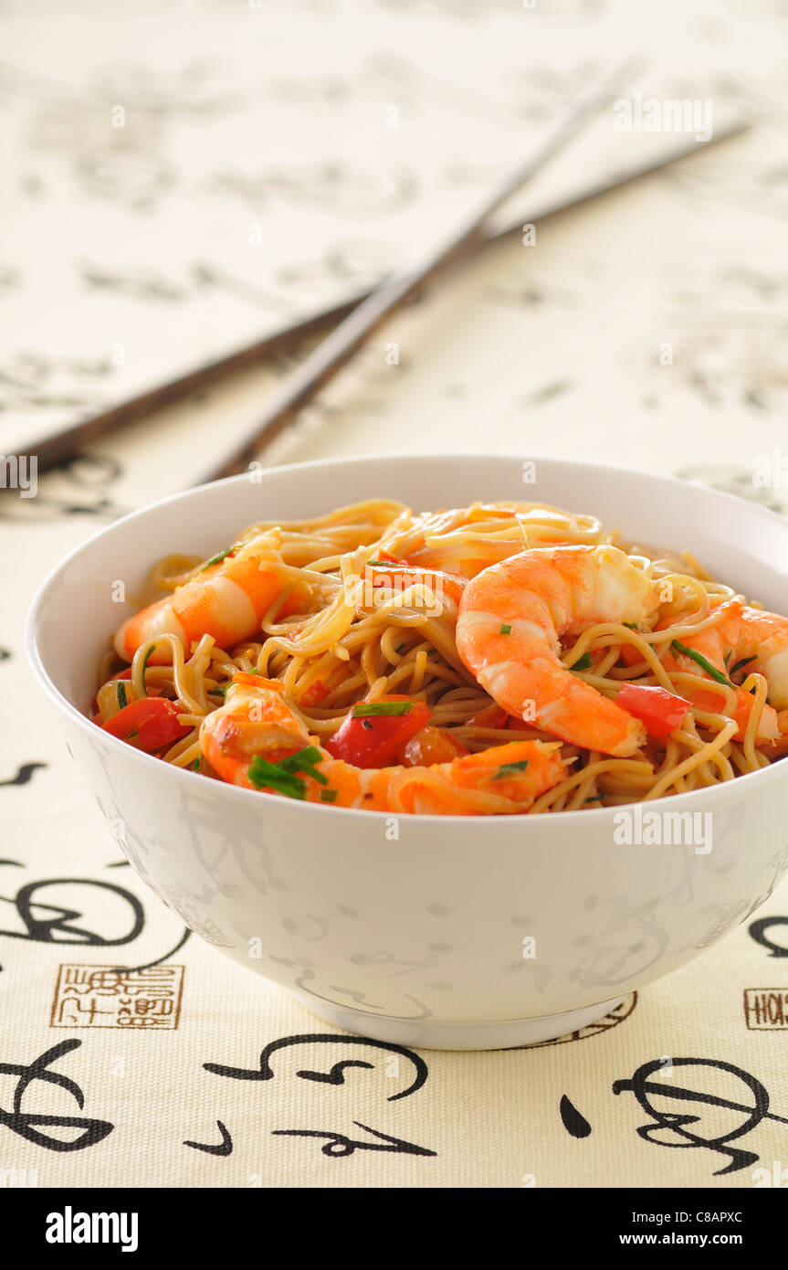 Sauteed noodles and shrimps Stock Photo