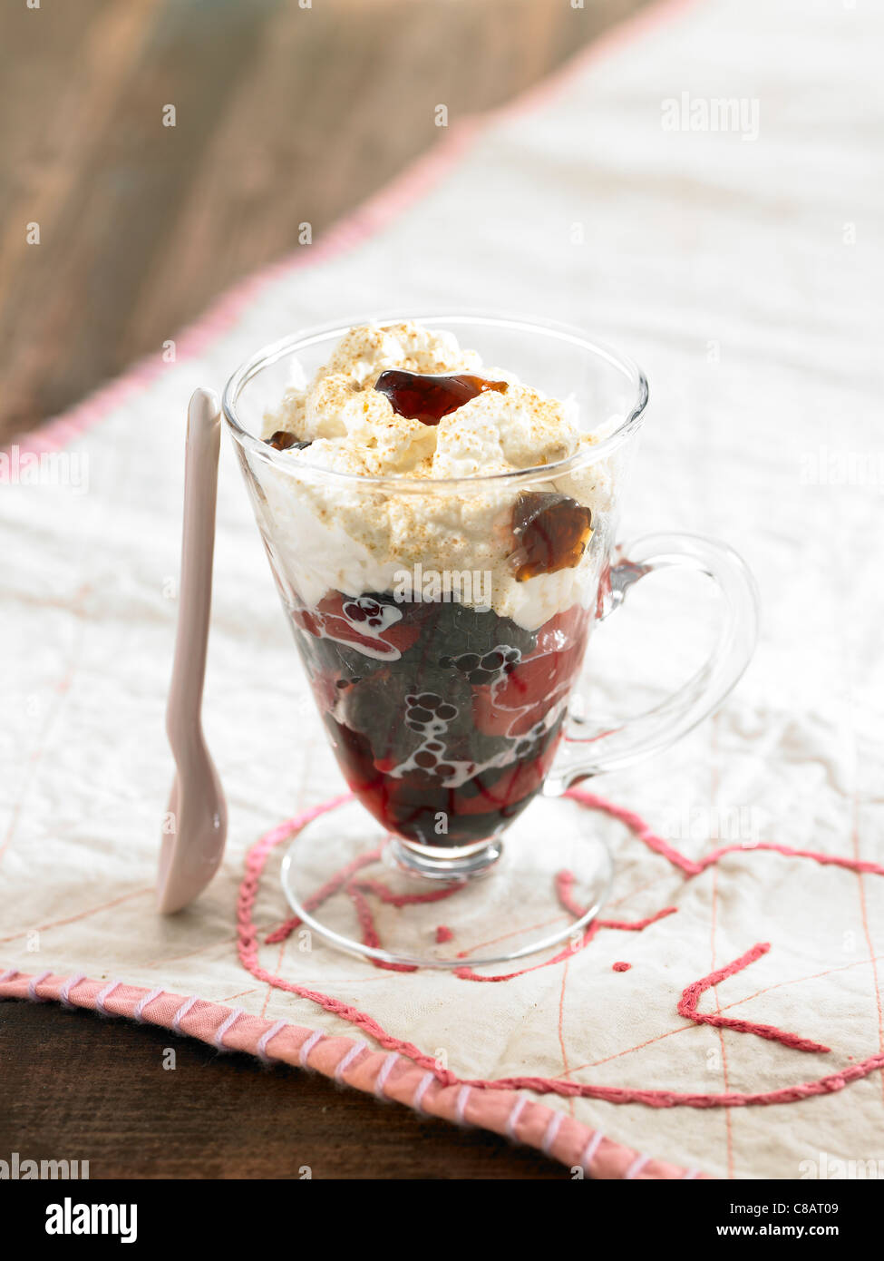 Black grape and blackberry soup with cream Stock Photo