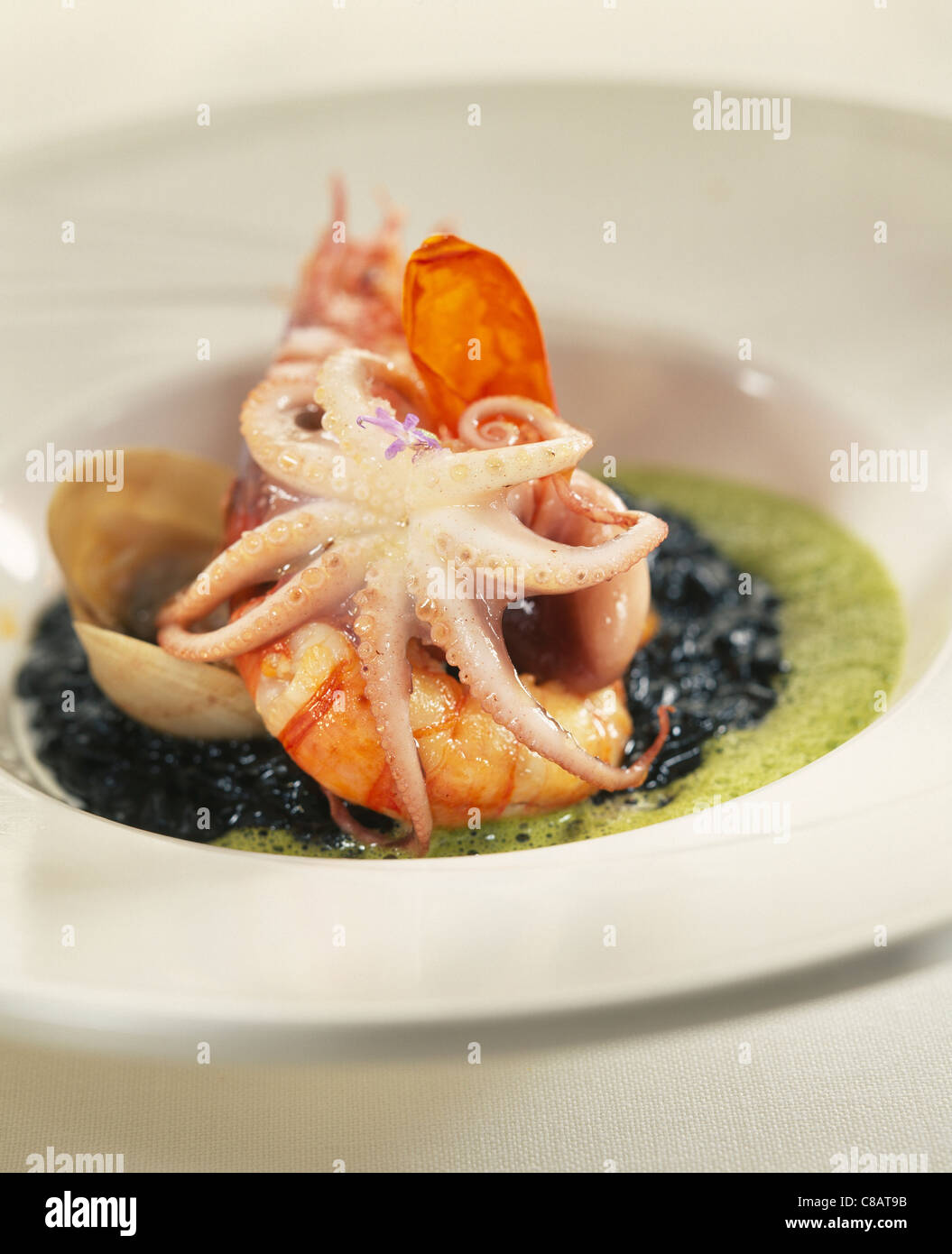 Rice with squid ink,gamba,poulpe and watercress emulsion Stock Photo