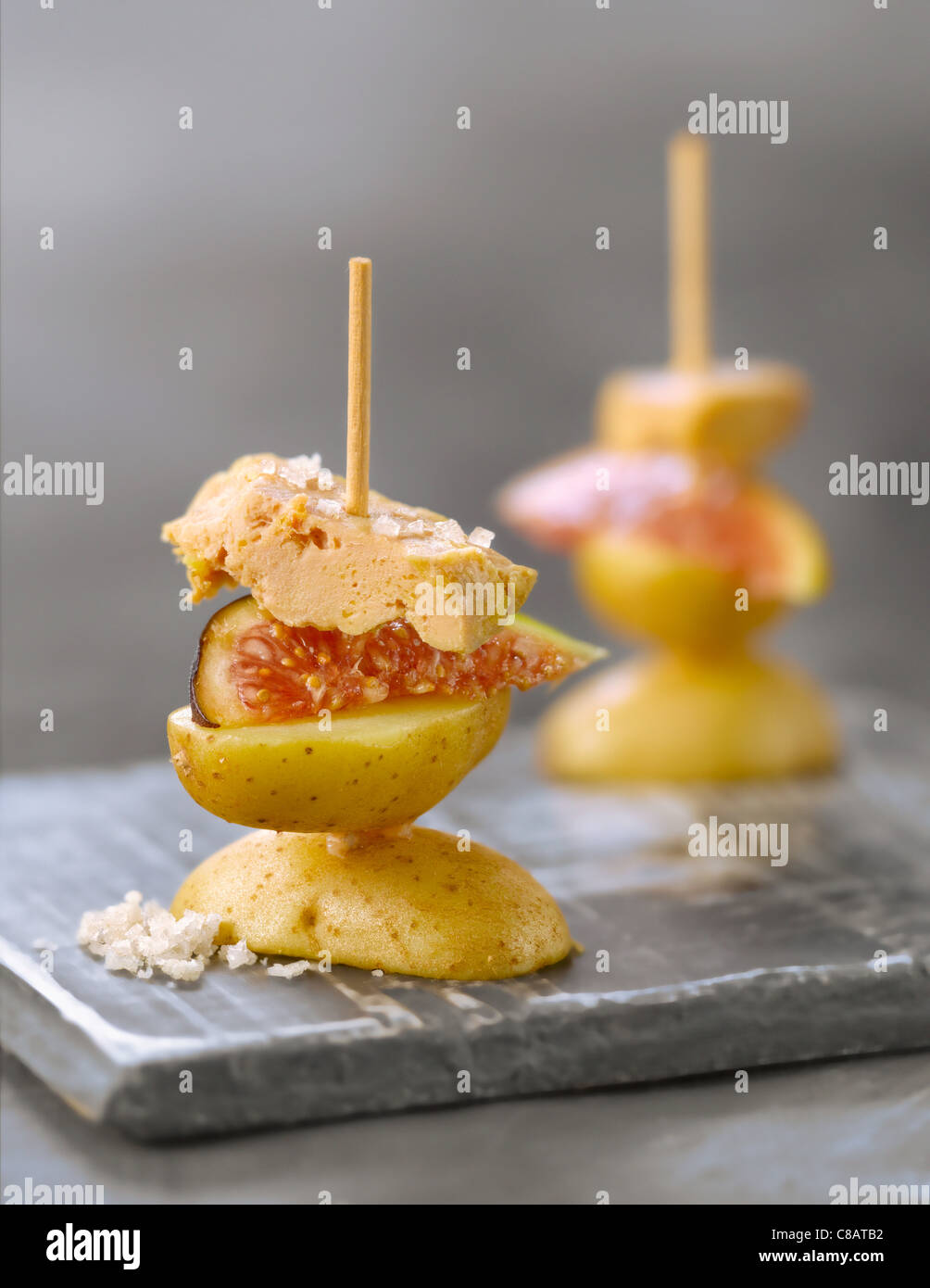 Ratte potato,foie gras and fig appetizers Stock Photo