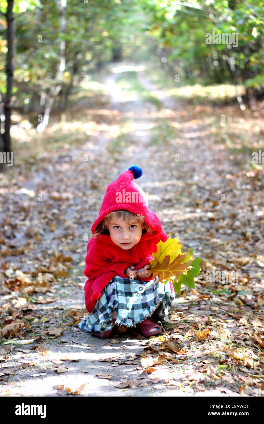 The little girl in a red cap in the autumn forest Stock Photo - Alamy