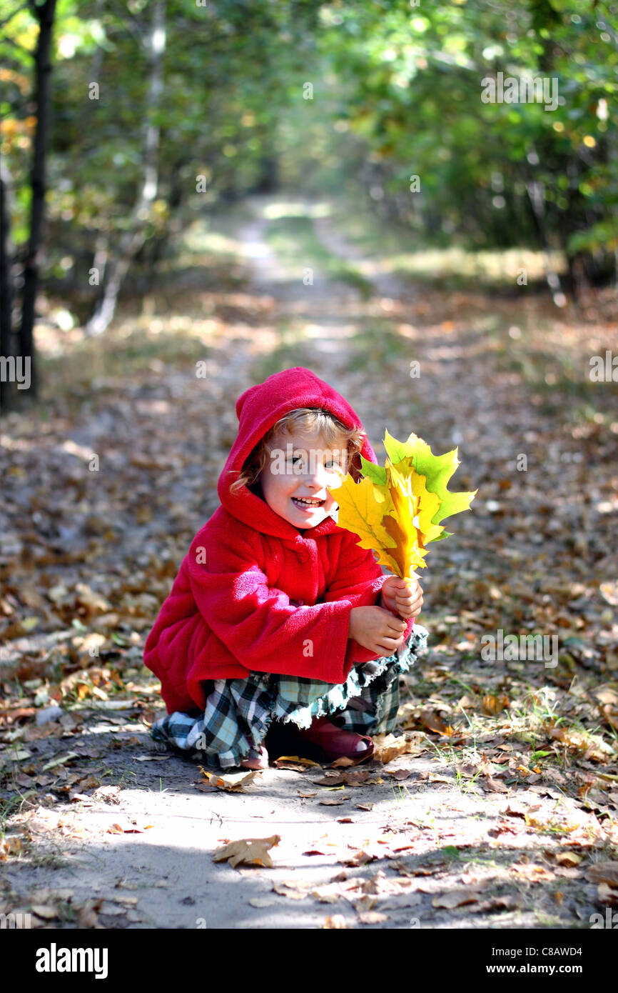 The little girl in a red cap in the autumn forest Stock Photo - Alamy