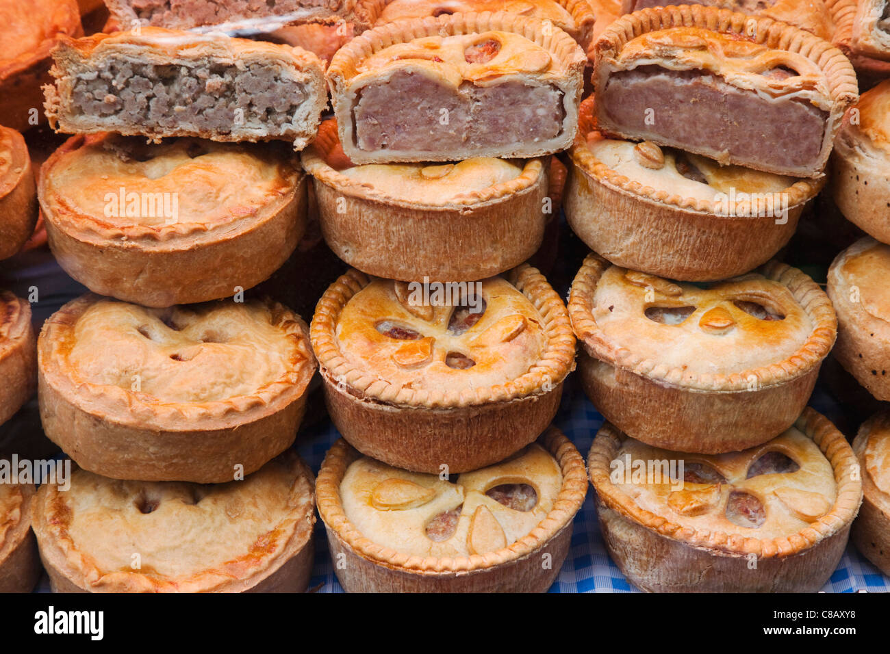 england-london-southwark-borough-market-food-stall-meat-pies-stock