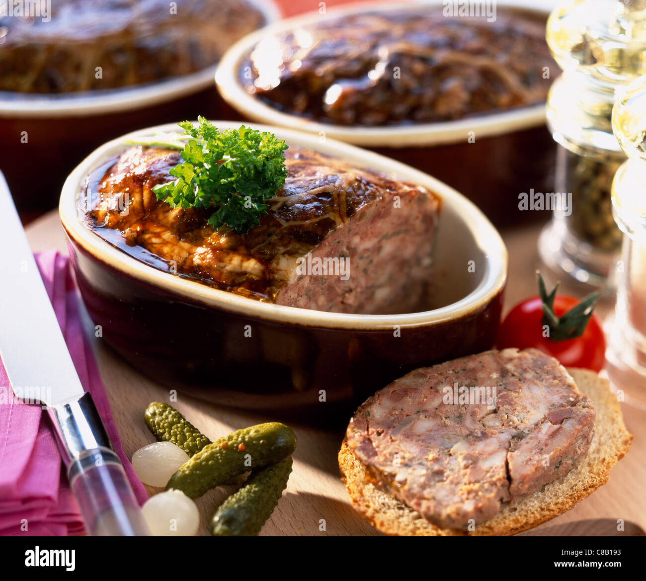 Poultry terrines in still life composition Stock Photo