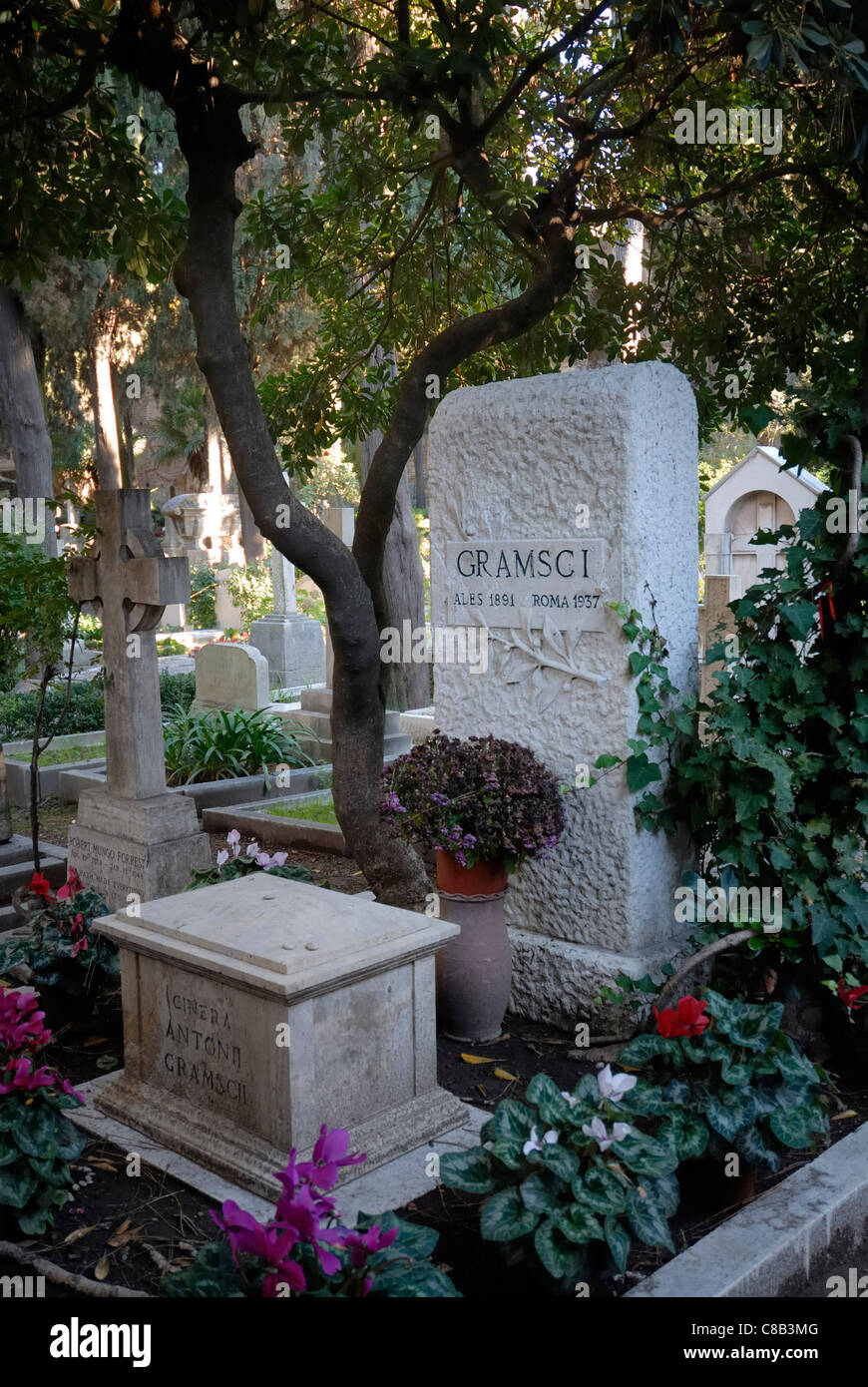 Grave of Antonio Gramsci founder of the Italian Communist Party in the Protestant Cemetery. (Cimitero Acattolico) Rome Italy. Stock Photo
