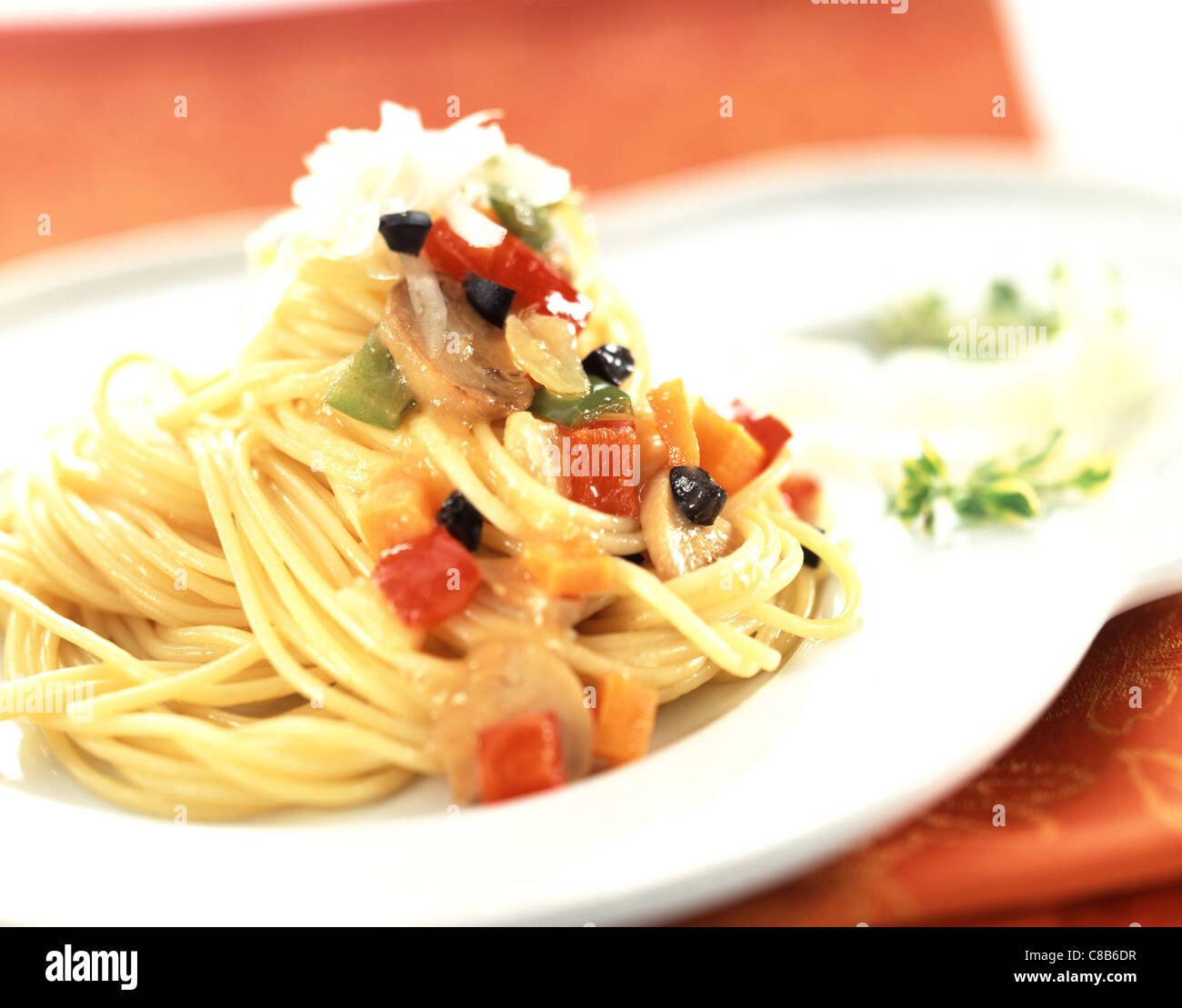 Spaghetti with diced vegetables Stock Photo