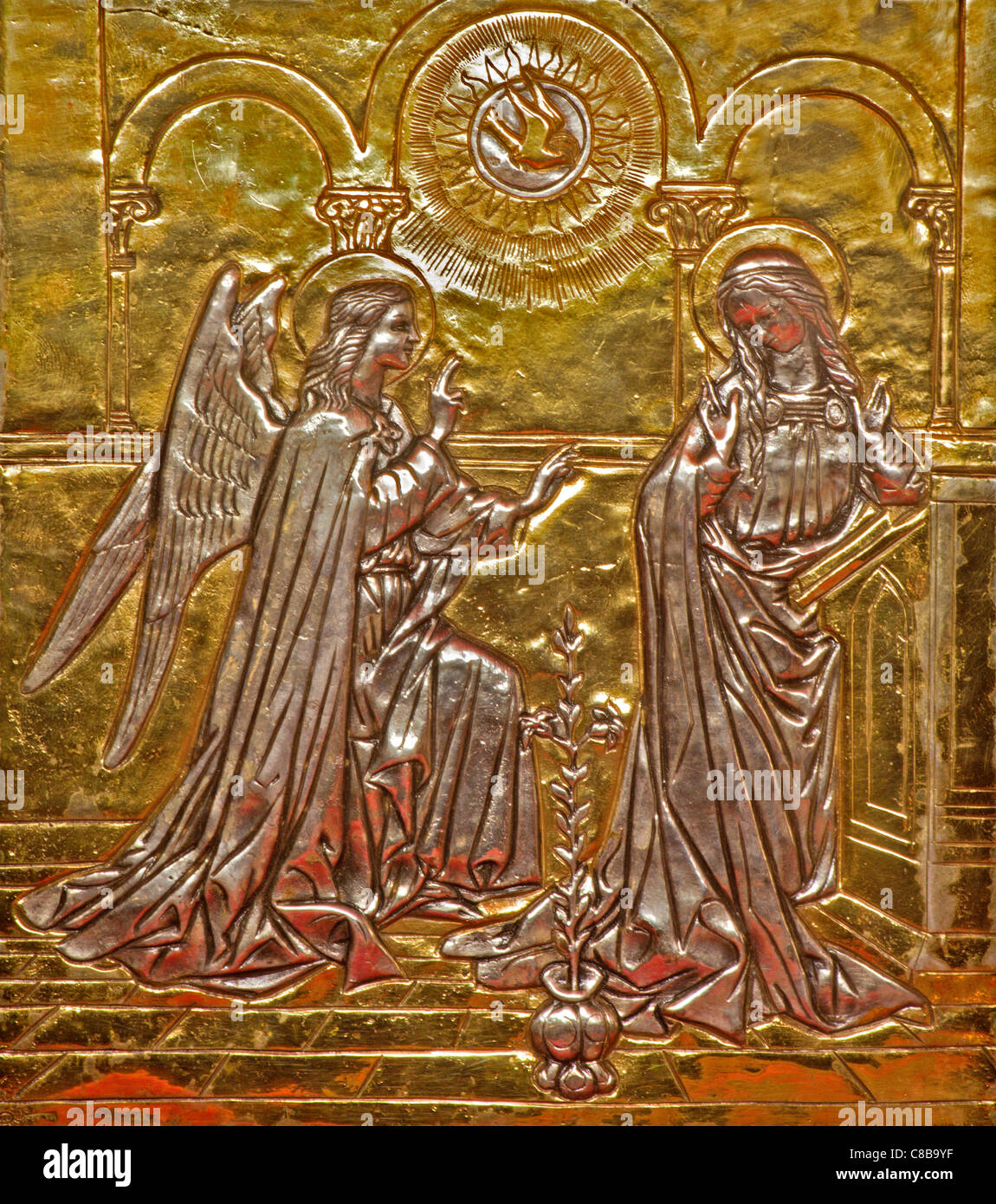 Milan - Annunciation relief in gold from Cappella Portinari Stock Photo