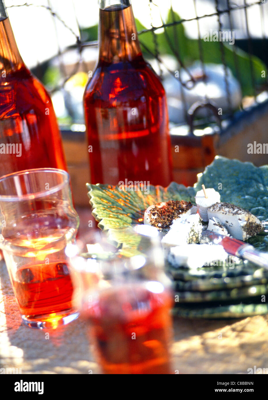 Rosé wine with fresh goat's cheeses Stock Photo Alamy