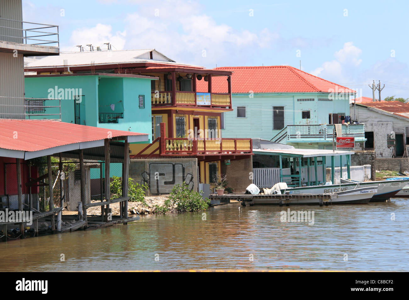 Hotel and bars overlooking Haulover Creek, Regent Street West, Belize City, Belize, Caribbean, Central America Stock Photo