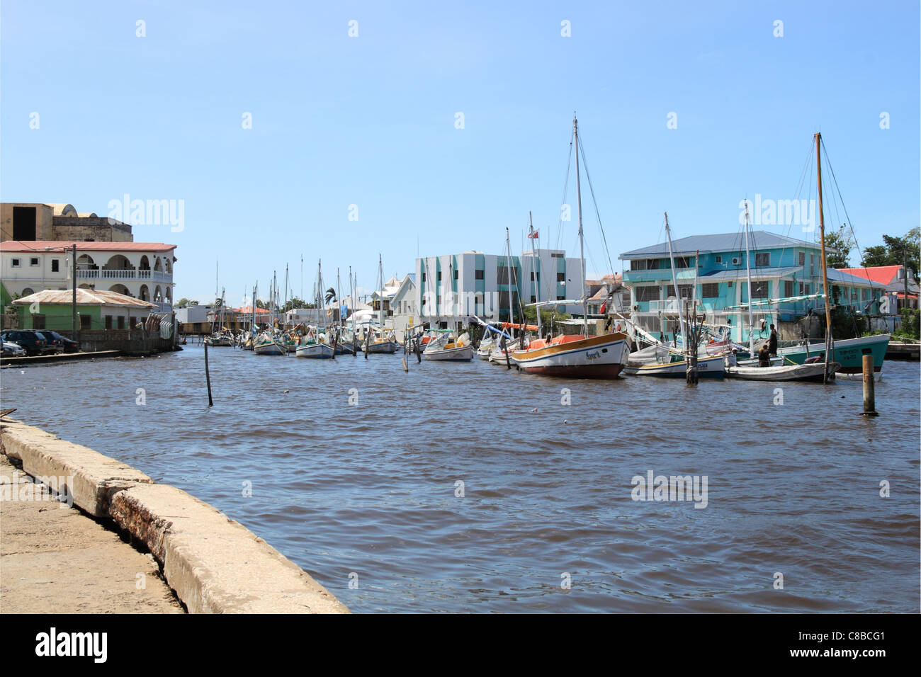Boats on Haulover Creek, Fort George, Belize City, Belize, Caribbean, Central America Stock Photo
