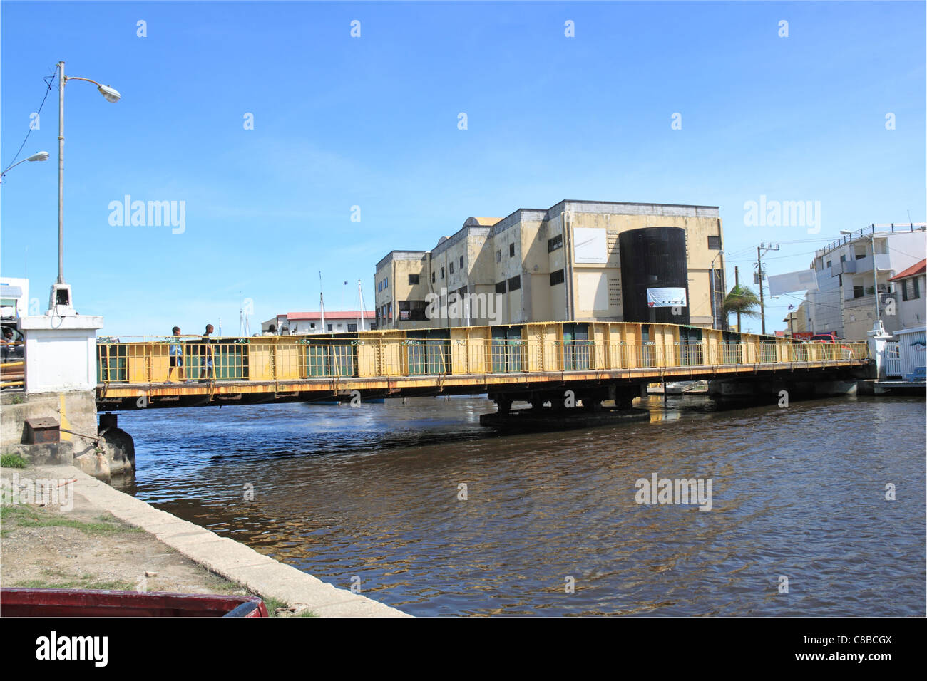 Swing Bridge over Haulover Creek, Fort George, Belize City, Belize, Caribbean, Central America Stock Photo