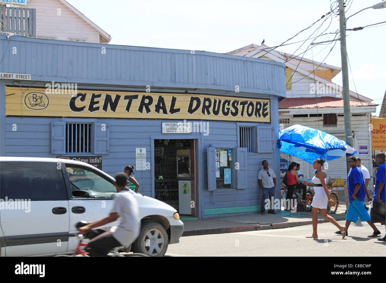 Central Drugstore in Belize City centre near to the Swing Bridge, Albert Street, Belize City, Belize, Caribbean, Central America Stock Photo