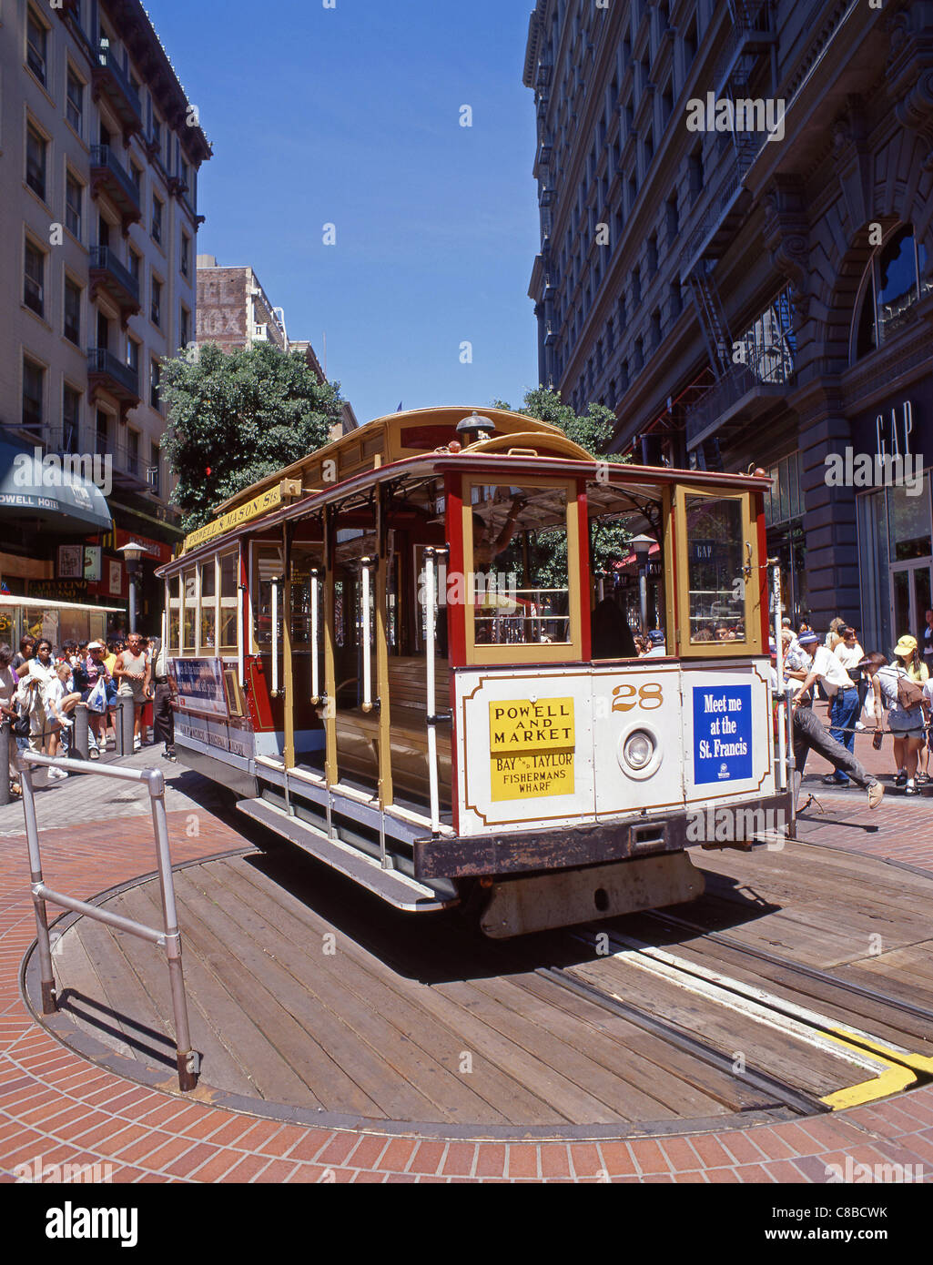 Cable car on the Powell & Market turntable, San Francisco, California, United States of America Stock Photo