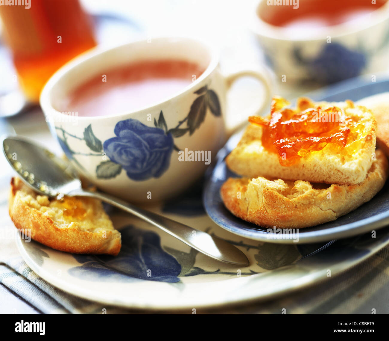 Breakfast With Drink Bread Butter And Jam Stock Photo Alamy