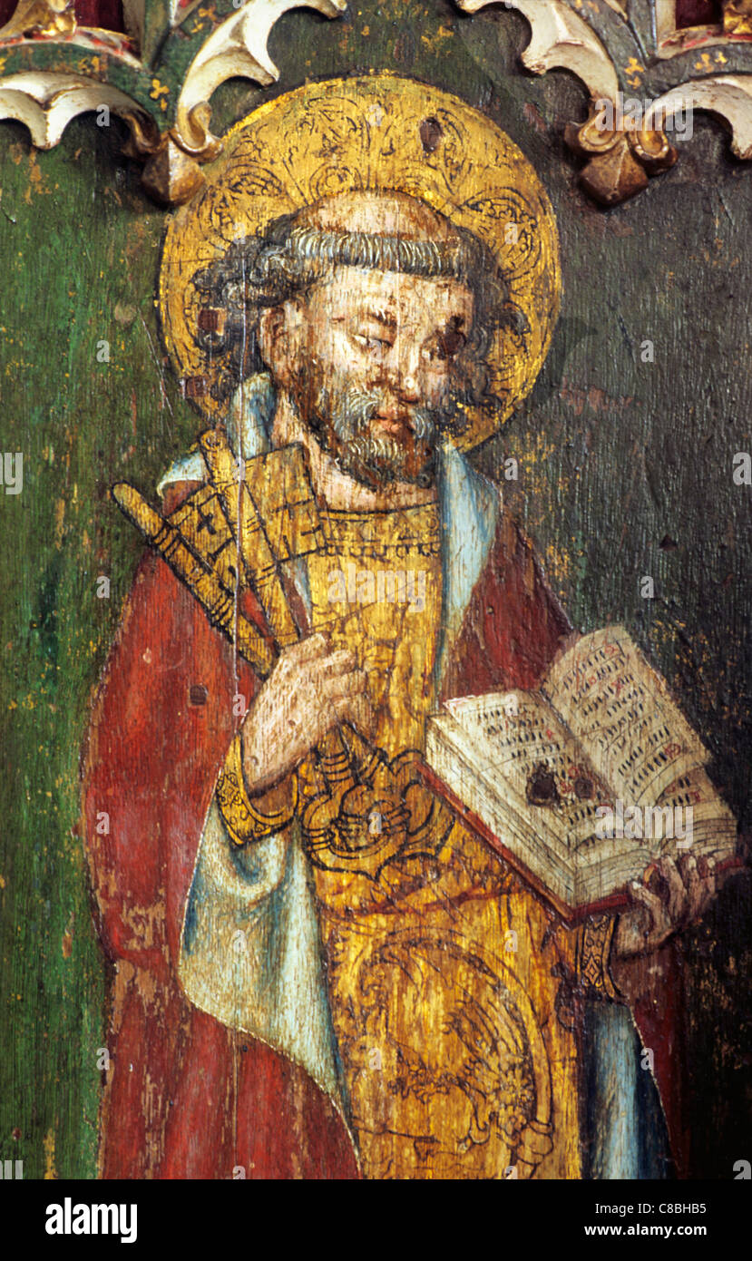 Filby, Norfolk, rood screen, St. Peter with the keys to heaven and book, male saint saints English medieval screens painting Stock Photo