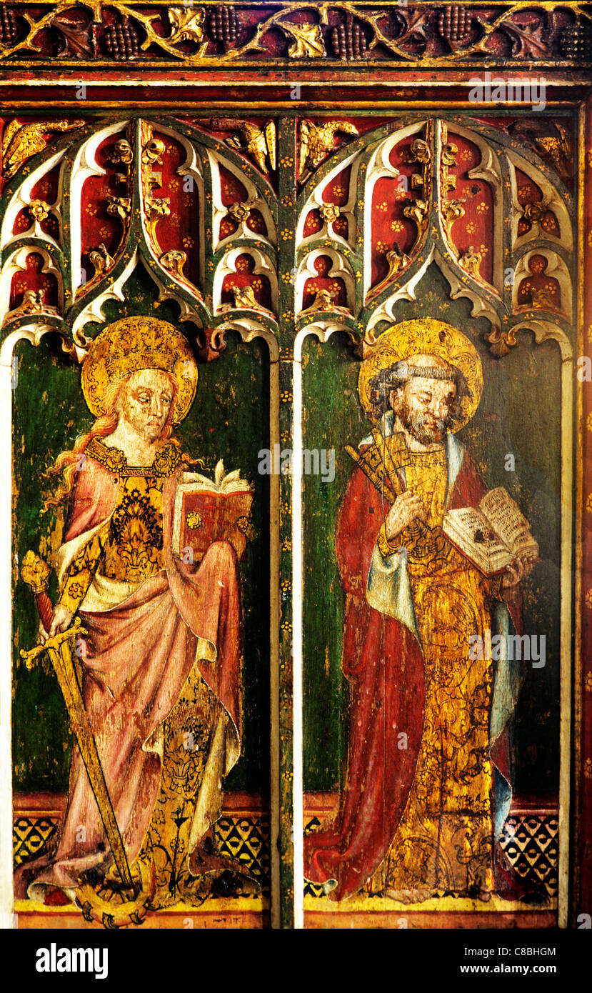 Filby, Norfolk, rood screen, St. Catherine of Alexandria, with sword, book and wheel, St. Peter with keys, female male saint Stock Photo