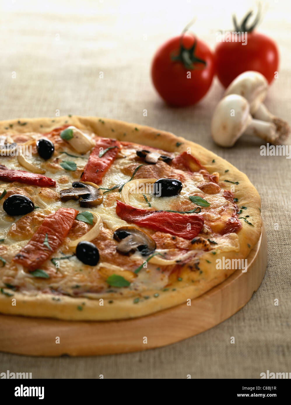 tomato and button mushroom pizza Stock Photo