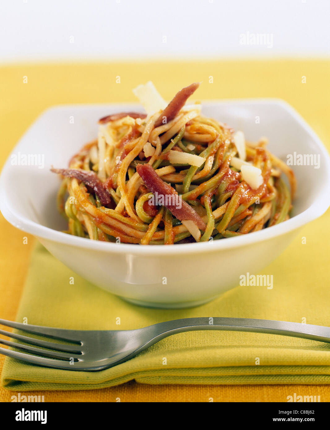 two-colored spaghetti with sauce Stock Photo