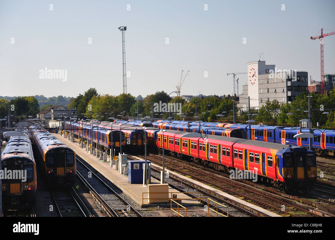 Parked trains at Clapham Junction Railway Station, Battersea, London Borough of Wandsworth, Greater London, England, United Kingdom Stock Photo