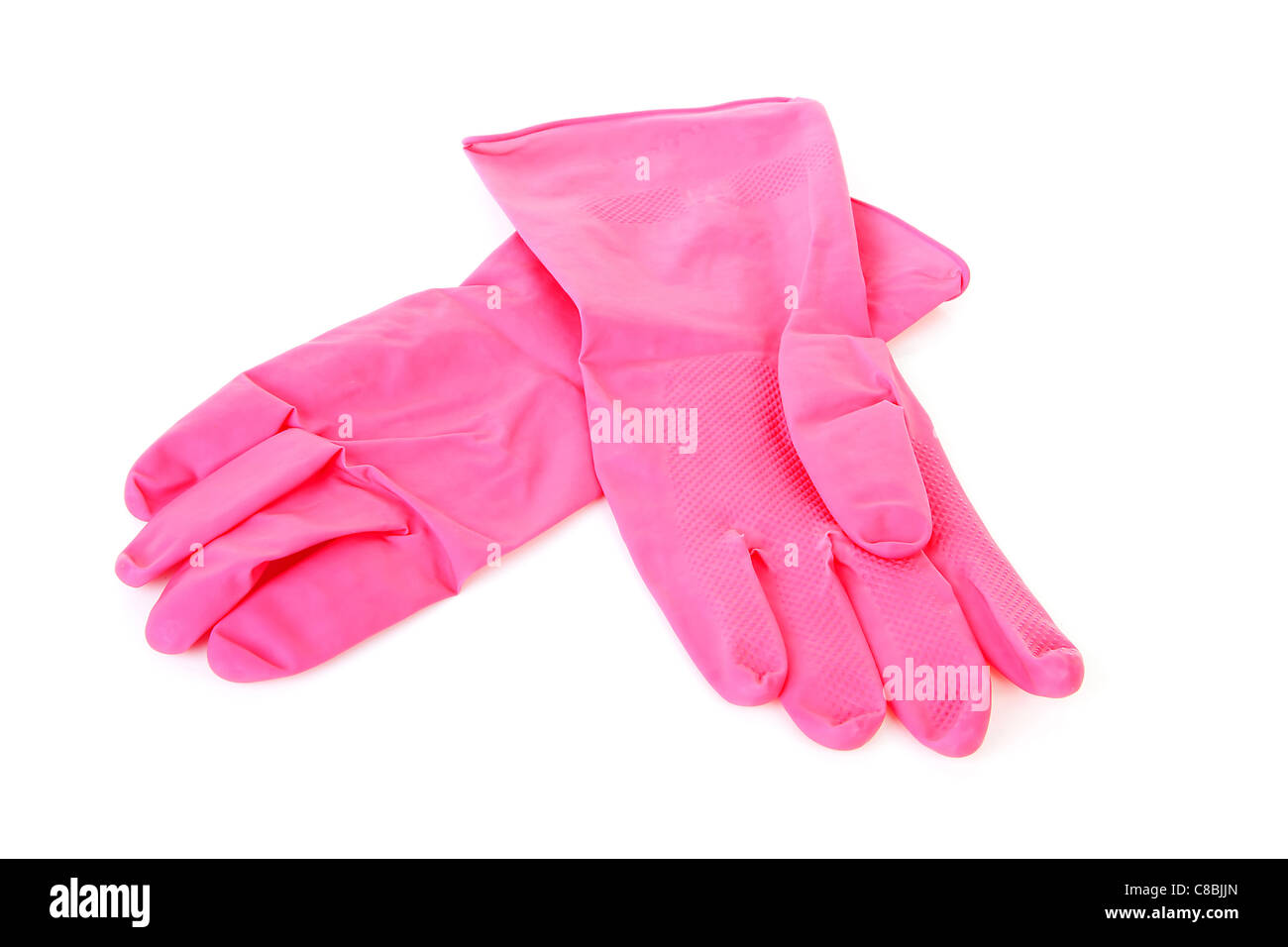 pair of pink household gloves over white background Stock Photo Alamy