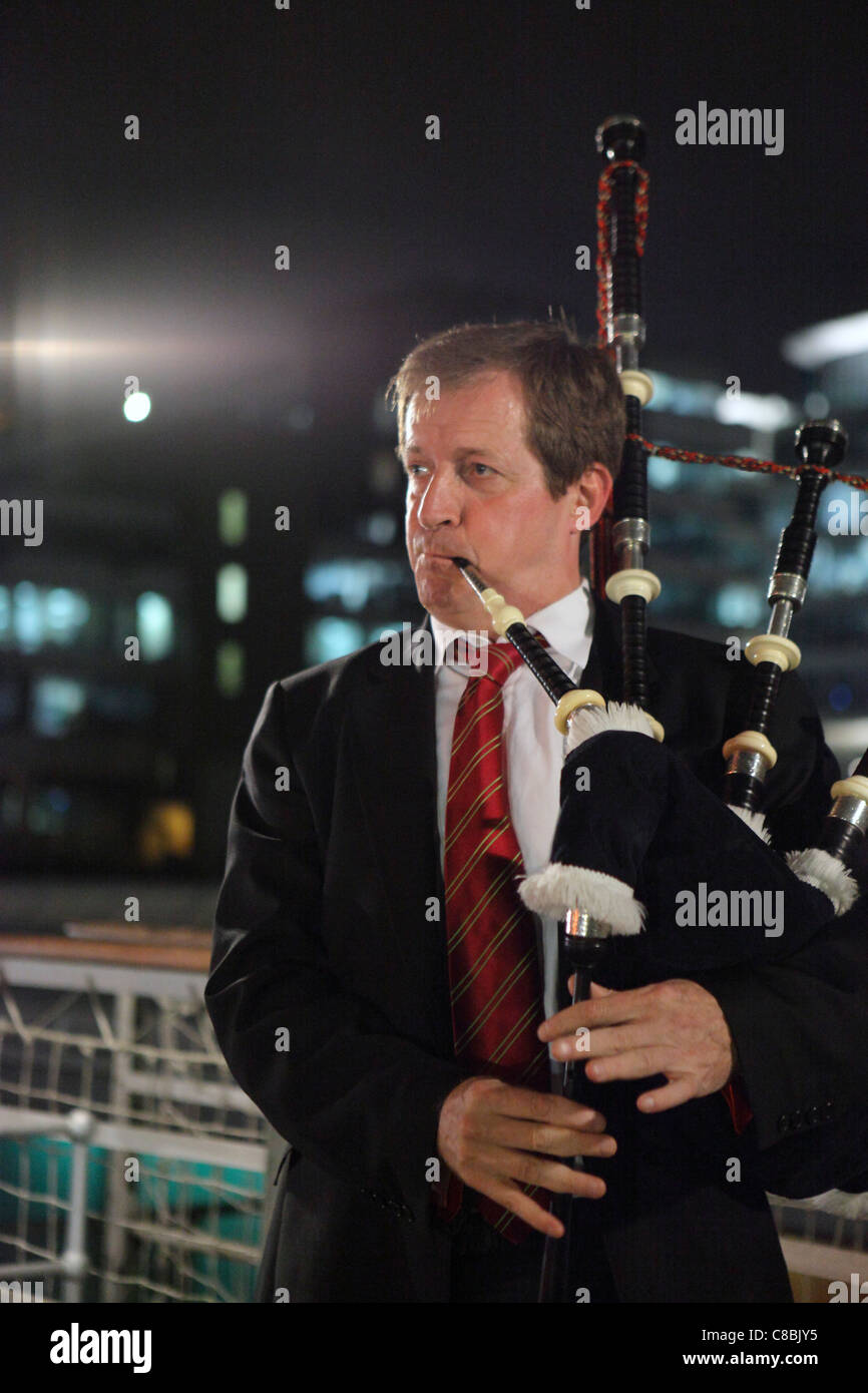 Alastair Campbell ex New Labour playing bagpipes aboard the Waverley, the last sea going paddle steamer still working in the UK. Stock Photo