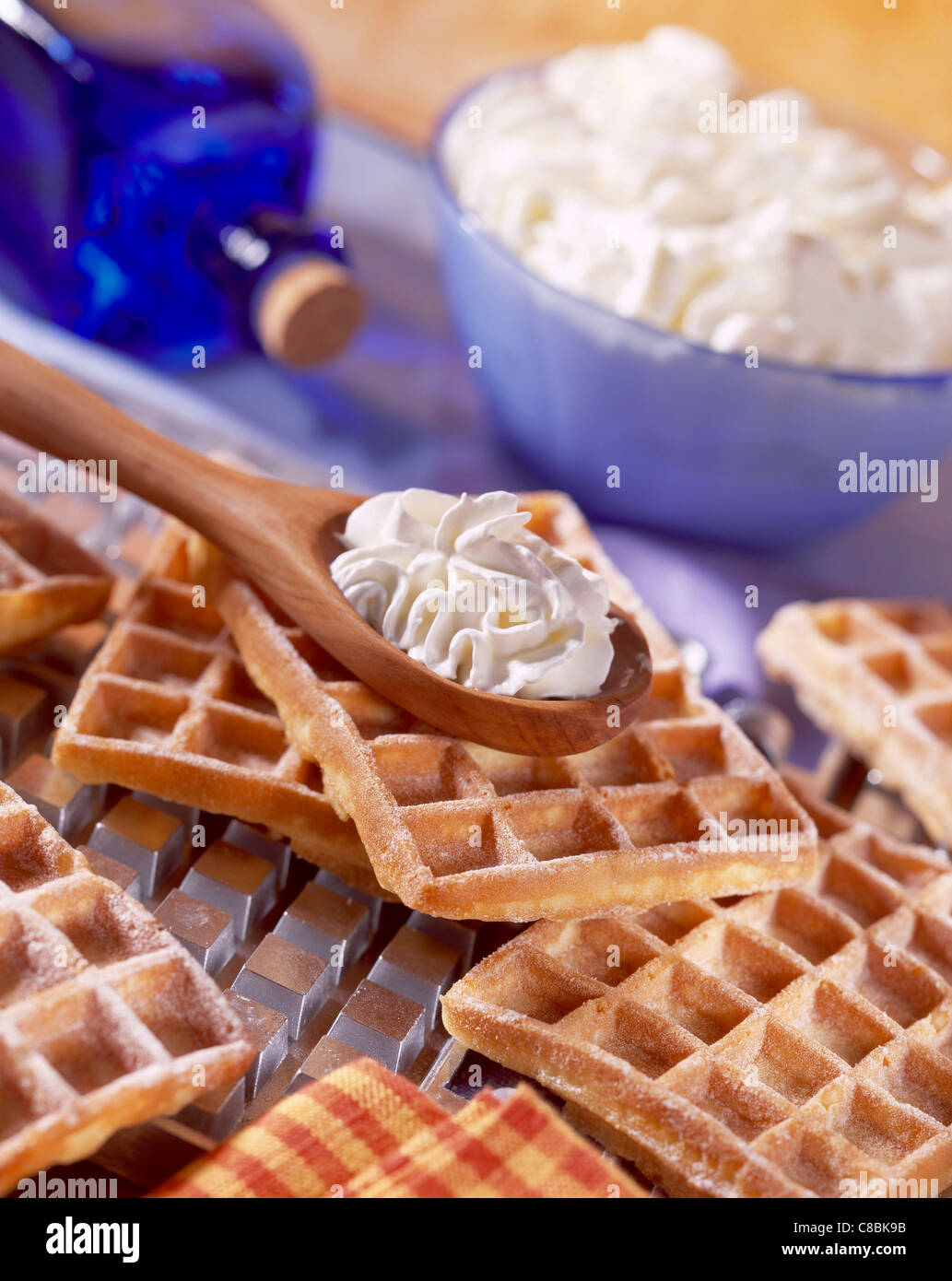 waffles with whipped cream and orange flower water Stock Photo