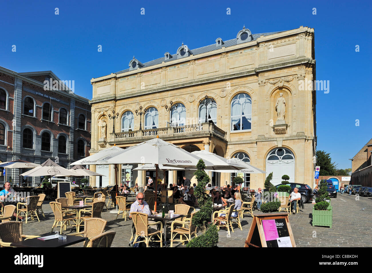 Tourists on pavement café in front of the theatre Théâtre Royal de Namur,  Belgium Stock Photo - Alamy