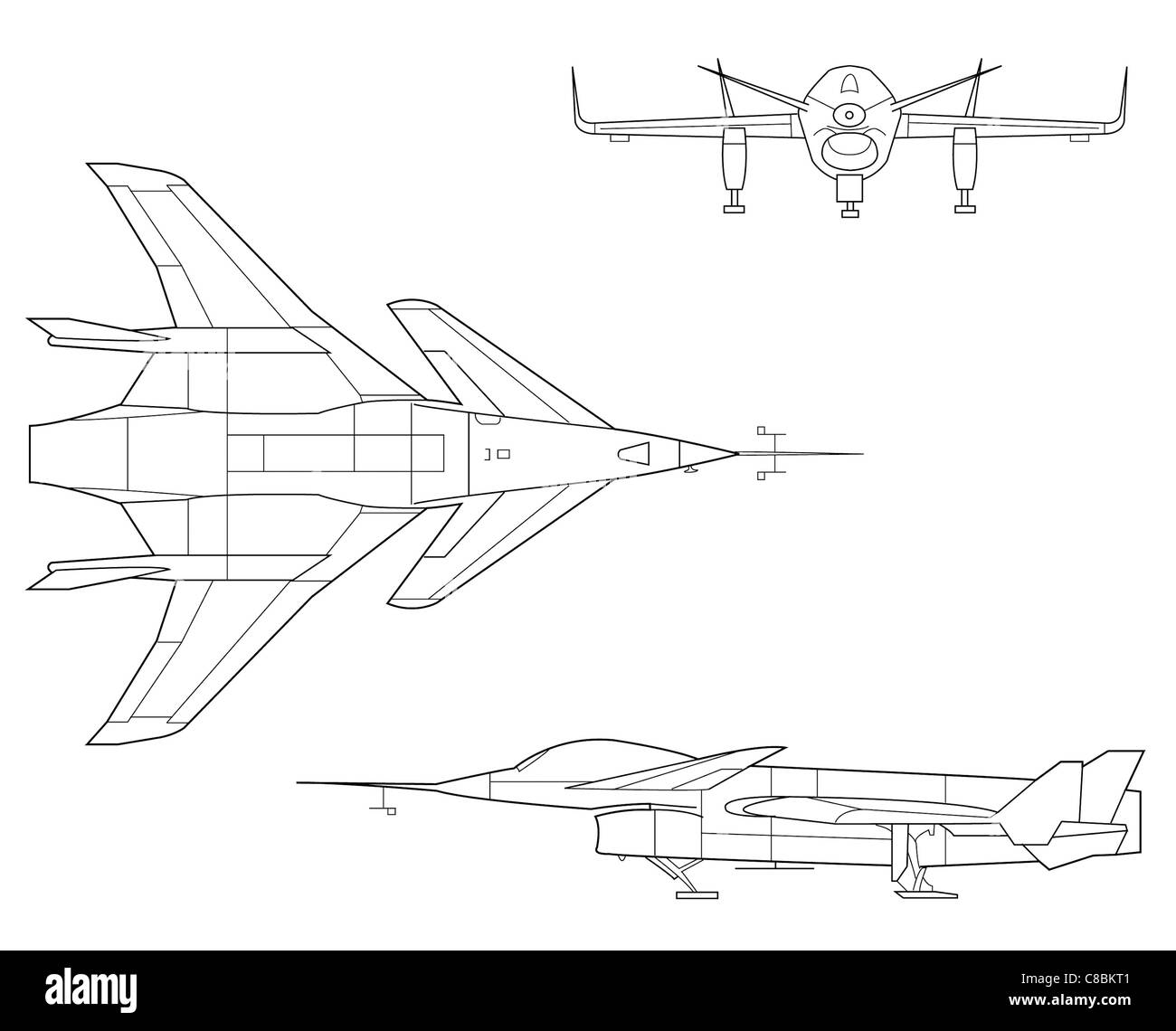 3 view aircraft line art drawing HiMAT RPV - Highly Maneuverable Aircraft Technology Stock Photo