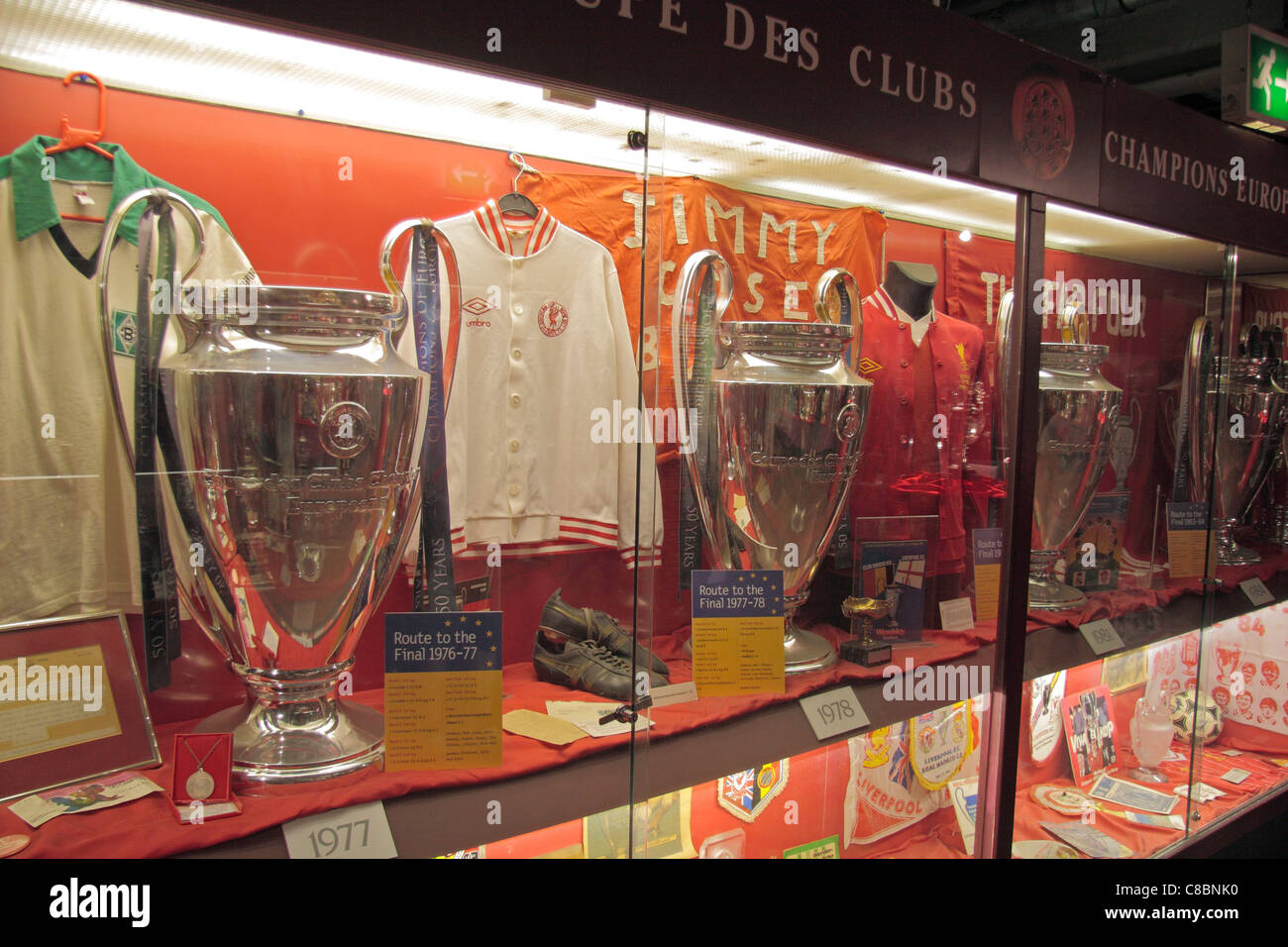 European Champions League trophy cabinet at Anfield, the home ground of Liverpool Football club. Stock Photo